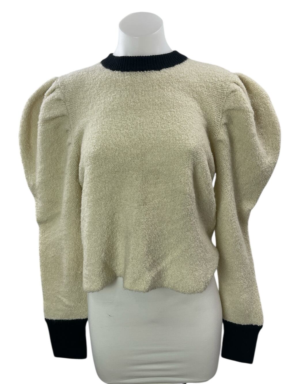 Autumn Cashmere Beige Black Crew Neck Long Puff Sleeves Crop Sweater Top Sz M/L